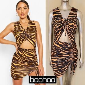 NWT Boohoo Zebra Ruched Cut-Out Jersey Summer Beach Dress Sz M